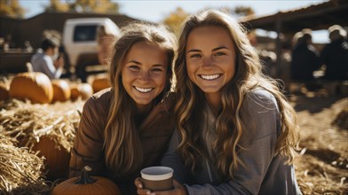 Happy young friends enjoying the fall pumpkin harvest festivities outside, generative AI