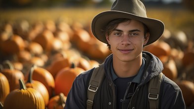 Young adult male farmer wearing cowboy hat standing outdoors near his pumpkin patch harvest,