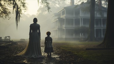 Eerie haunting ghostly silhouetted female and child figures walking in front of a foggy southern