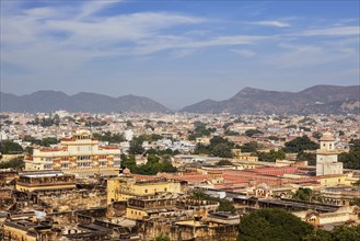 Aerial view of Jaipur (view from Isar Lat (Swargasuli) Tower) City Palace complex. On the left is