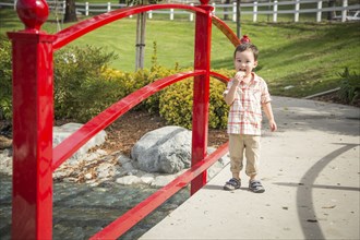 Young chinese and caucasian boy having fun at the park and duck pond