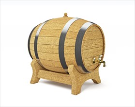 Wooden oak brandy wine beer barrel iwith valve tap solated on white background