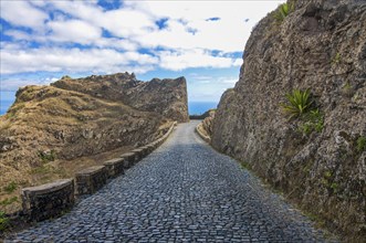 Path with cobble stone in rocky landscape. San Antao. Cabo Verde. Africa