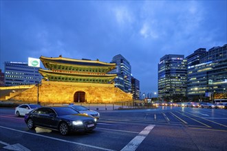 Seoul, South Korea, April 1, 2016 : Namdaemun Gate Sungnyemun at night with city traffic, Seoul,