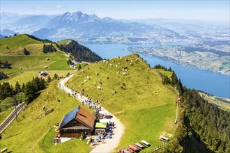 View from Mount Rigi to the city of Lucerne, Lake Lucerne and Pilatus Alps mountains in Rigi,