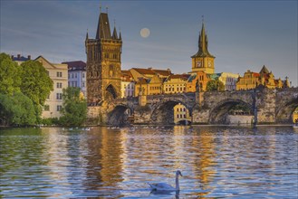 Vltava and Charles Bridge, Old Town Bridge Tower, Old Mill Water Tower, Prague, Bohemia, Czech