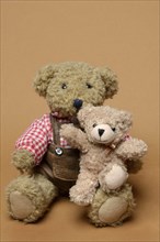 Two teddy bears, sitting, in front of a brown background, teddy