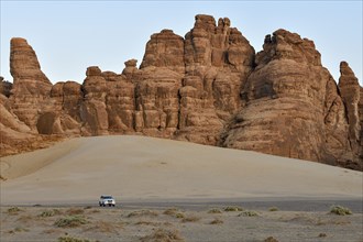 Tourists on a jeep safari in the Ashar Valley, near AlUla, Medina Province, Saudi Arabia, Arabian