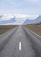 Road, glacier tongues and mountains, glacier tongues at Vatnajökull glacier, Vatnajökull National