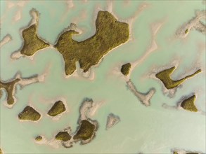 Patches of land appear while the tide is going out, in the marshland of the Bahía de Cádiz, aerial