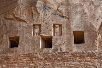 Lion tombs in the rocks of al-Khuraybah, Dadan or Dedan, near AlUla, Medina Province, Saudi Arabia,