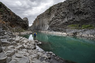 Tourist standing by the river in Stuðlagil Canyon, turquoise blue river between basalt columns,