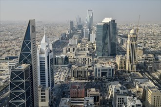 View from Al Faisaliah Tower over the skyline with the Kingdom Center, Riyadh, Saudi Arabia, Asia