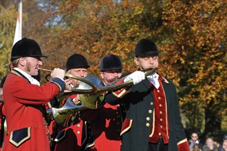 Hunters with hunting horns, signal horns during the commemoration of Saint Hubert, Brasschaat,