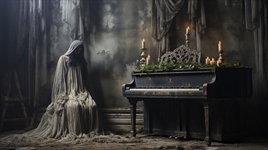 Mysterious and spooky female figure covered in sheer garment standing next to an old dusty piano in