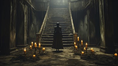 Eerie haunting ghostly silhouetted female figure in front of stairs in a haunting abandoned spooky