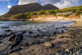 Coast with sandbeach and buildings. Tarrafal. Santiago. Cabo Verde. Africa