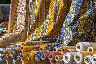 Market sale of fabrics with typical Provencal patterns, weekly market market, Sault, Vaucluse