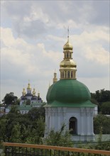 Church tower with green and golden dome, part of the Kiev Cave Monastery, Holy Mary Ascension