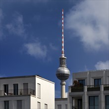 Berlin TV Tower behind new flats, Mitte, Berlin, Germany, Europe