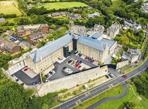 Bodmin Jail and Bodmin Luxury Hotel from a drone, Bodmin Moor, Cornwall, England, UK