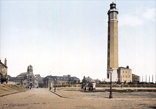 Lighthouse and St Peter's Church, Calais, France, c. 1890, Historic, digitally enhanced