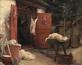 Slaughtering Animals, A Slaughterhouse in Hellebaek in Denmark, 1875, Painting by Carl Bloch,