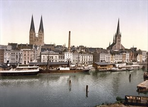 The Lower Trave near the Holsten Gate in Lübeck, Schleswig-Holstein, Historic, digitally enhanced