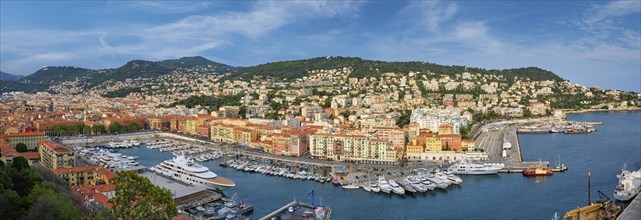 Panorama of Old Port of Nice with luxury yacht boats from Castle Hill, France,