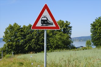 Level crossing, traffic sign, Lake Constance, Baden-Württemberg, Germany, Europe