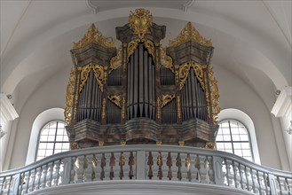 Organ loft with a prospectus of the historic Seuffert organ 1756, pilgrimage church Maria Limbach,