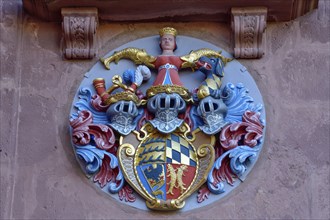 Coat of arms on the Protestant town church on the market square, Freudenstadt, Black Forest,