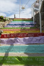 Art project with colourful steps, Escalera de colores, Ribadesella, Asturias, Asturias, Costa