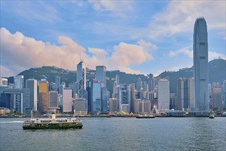 HONG KONG, CHINA, MAY 1, 2018: Hong Kong skyline cityscape downtown skyscrapers over Victoria