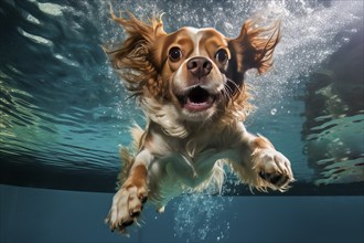 Poodle or Pudel diving in a pool, AI Generated