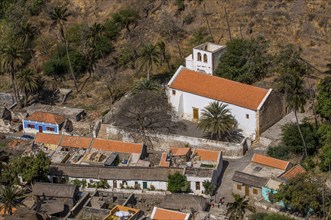 View over city with houses and church. Ciudad Velha. Cidade Velha. Santiago. Cabo Verde. Africa