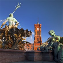 Neptune Fountain and Red City Hall in the evening light, Berlin Mitte, Berlin, Germany, Europe