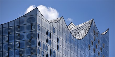 Elbe Philharmonic Hall, detail of the glass façade with cloud, Hafencity, Hamburg, Germany, Europe