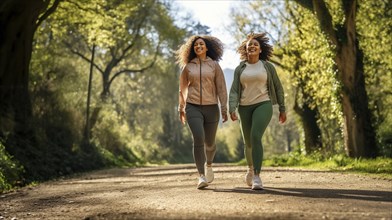 Happy african american female friends enjoying a healthy run in the park together. generative AI