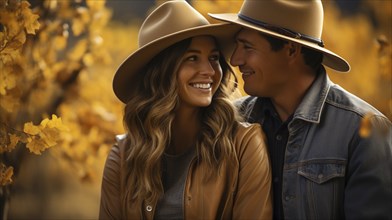 Young adult romantic couple wearing cowboy hats enjoying the fall country atmosphere, generative AI