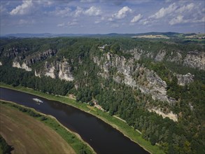 Aerial view of Rathen on the Elbe with the rocks of the Basteige area and the new viewing platform