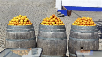 Oranges piled up up in barrels, decoration, Óbidos, Portugal, Europe