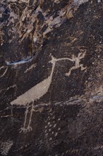 Ancient petroglyphs in a rock face near Puerco Pueblo, created by the Puebloan Native Americans,