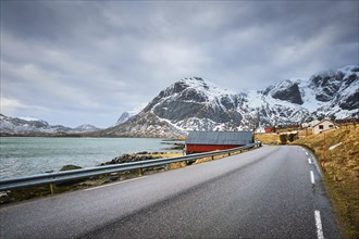 Road in Norwegian fjord. Lofoten islands, Norway, Europe