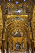 Medieval Byzantine style mosaics of Christ Pantocrator above the altar of the Palatine Chapel,