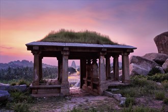 Ancient ruins in Hampi on sunset. Above Hampi Bazaar, Hampi, Karnataka, India, Asia