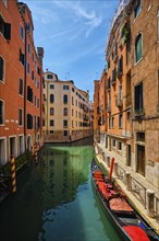 Narrow canal between colorful old houses with gondola boat in Venice, Italy, Europe