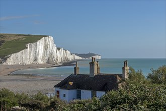 Cuckmere Haven, The Seven Sisters chalk cliffs, House, South Downs, England, United Kingdom, Europe