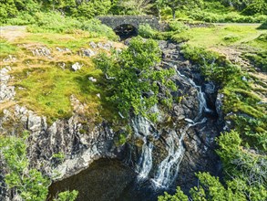 Eas Fors Waterfall from a drone, Isle of Mull, Scottish Inner Hebrides, Scotland, UK