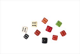 Group of different cubes with sixes and a one, white background, copying room